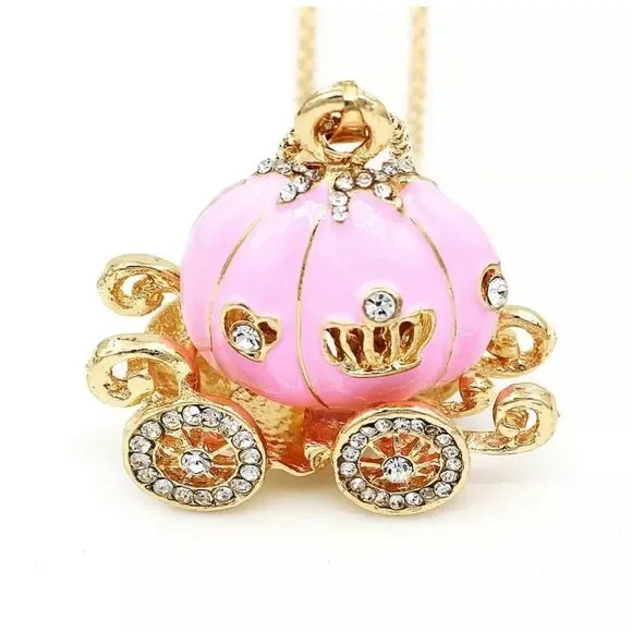 Enamel Crystal Cinderella Pumpkin Carriage Pendant Chain Necklace - Picture 2 of 3